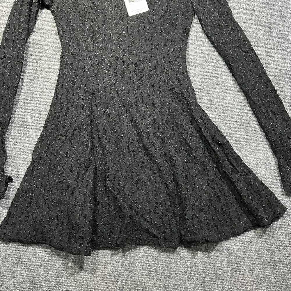Free People Dress Womens XS Black Lace Aline Lined Bell Cuff Sleeve NEW Skater - Picture 2 of 8
